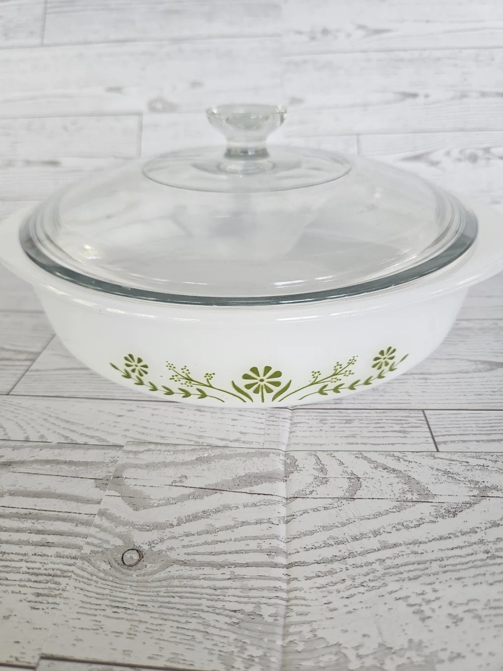 White Glass Casserole Dish with Green Floral Motif and Clear Lid